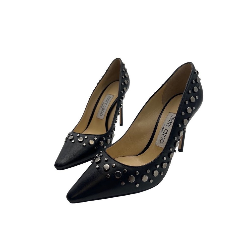 JIMMY CHOO Black Nappa Pointy Toe Pumps with Anthracite Studs Romy 100 Heels
